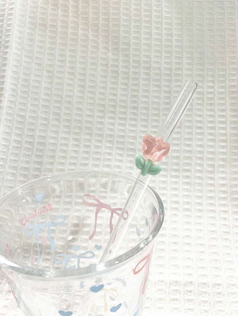1/2 pezzi di cannucce in vetro resistente al calore decorate con fiori, adatte per bere succhi di frutta, tè al latte, caffè, bevande fredde, con design curvo e decorazione a forma di frutta