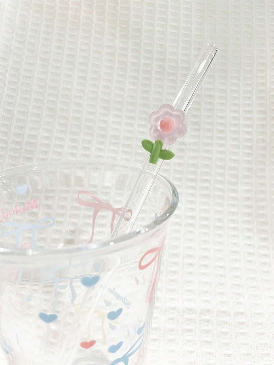 1/2 pezzi di cannucce in vetro resistente al calore decorate con fiori, adatte per bere succhi di frutta, tè al latte, caffè, bevande fredde, con design curvo e decorazione a forma di frutta