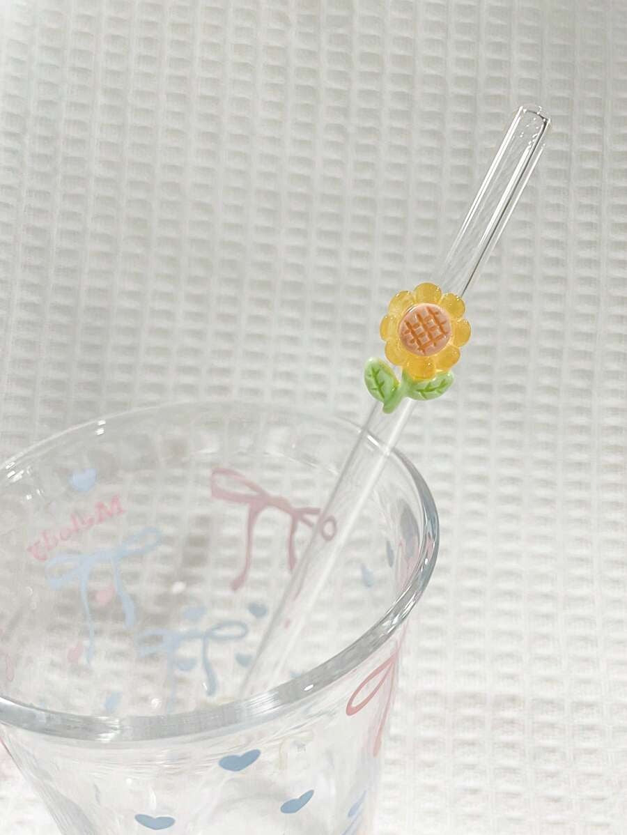 1/2 pezzi di cannucce in vetro resistente al calore decorate con fiori, adatte per bere succhi di frutta, tè al latte, caffè, bevande fredde, con design curvo e decorazione a forma di frutta