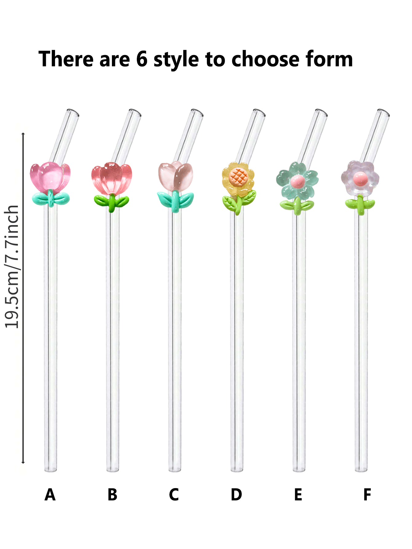 1/2 pezzi di cannucce in vetro resistente al calore decorate con fiori, adatte per bere succhi di frutta, tè al latte, caffè, bevande fredde, con design curvo e decorazione a forma di frutta