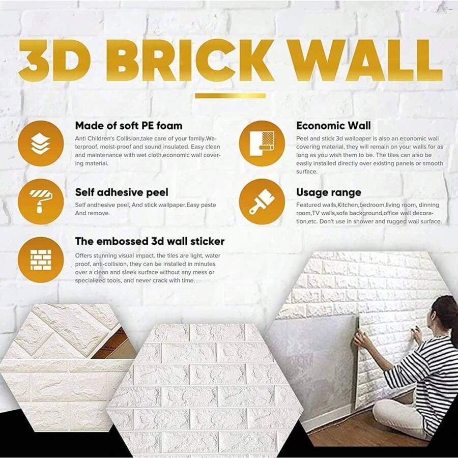 1/10/20 pezzi Pannelli da parete 3D bianchi autoadesivi, adesivi da parete in schiuma per decorazione domestica, rivestimento murale impermeabile facile da applicare e rimuovere, aspetto realistico di mattoni per soggiorno, camera da letto e cucina