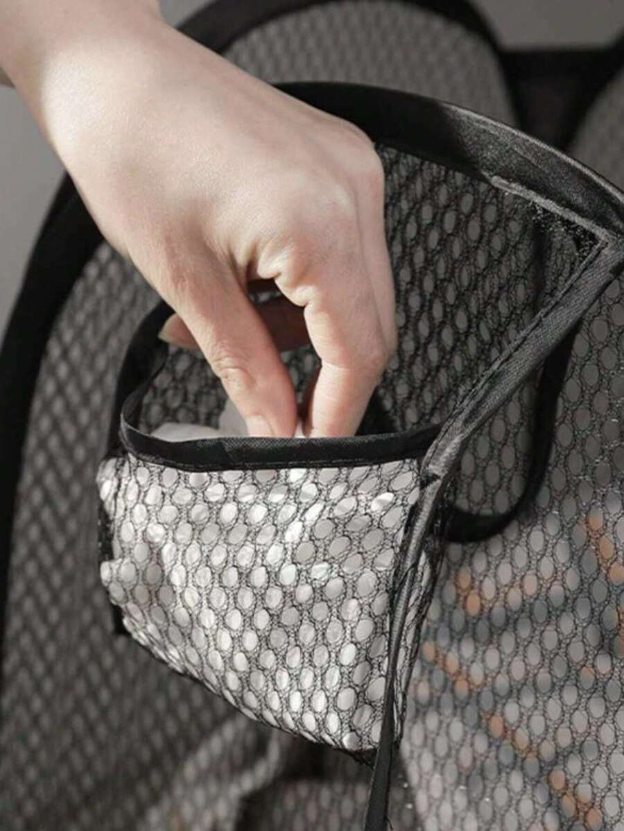 Cesto portabiancheria pieghevole nero, cestino in rete di grande capacità con manici e tasche multiple, spazio di stoccaggio salvaspazio per dormitorio/appartamento (design pieghevole)