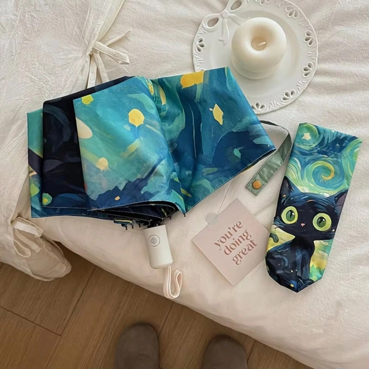 1 pezzo Nuovo, carino, ombrello pieghevole con motivo a gatto di Van Gogh, ombrello reversibile da sole e antipioggia, automatico, con protezione UV, modello di gatto nero alla moda