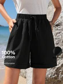 EMERY ROSE Pantaloncini casual estivi in cotone da donna con vita elastica, orlo arricciato, tasche oblique, colore verde