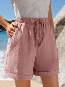 EMERY ROSE Pantaloncini casual estivi in cotone da donna con vita elastica, orlo arricciato, tasche oblique, colore verde