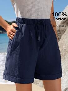 EMERY ROSE Pantaloncini casual estivi in cotone da donna con vita elastica, orlo arricciato, tasche oblique, colore verde