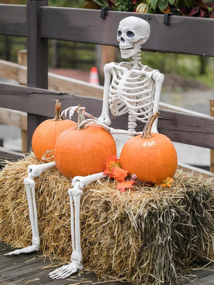 Decorazioni per Ognissanti da esterno - Scheletro in plastica posizionabile da 40 cm, scheletro completo in miniatura con giunture mobili, scheletri spaventosi realistici per feste di Ognissanti, case infestate, decorazione di cimiteri