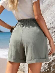EMERY ROSE Pantaloncini casual estivi in cotone da donna con vita elastica, orlo arricciato, tasche oblique, colore verde