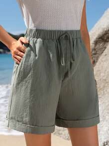 EMERY ROSE Pantaloncini casual estivi in cotone da donna con vita elastica, orlo arricciato, tasche oblique, colore verde