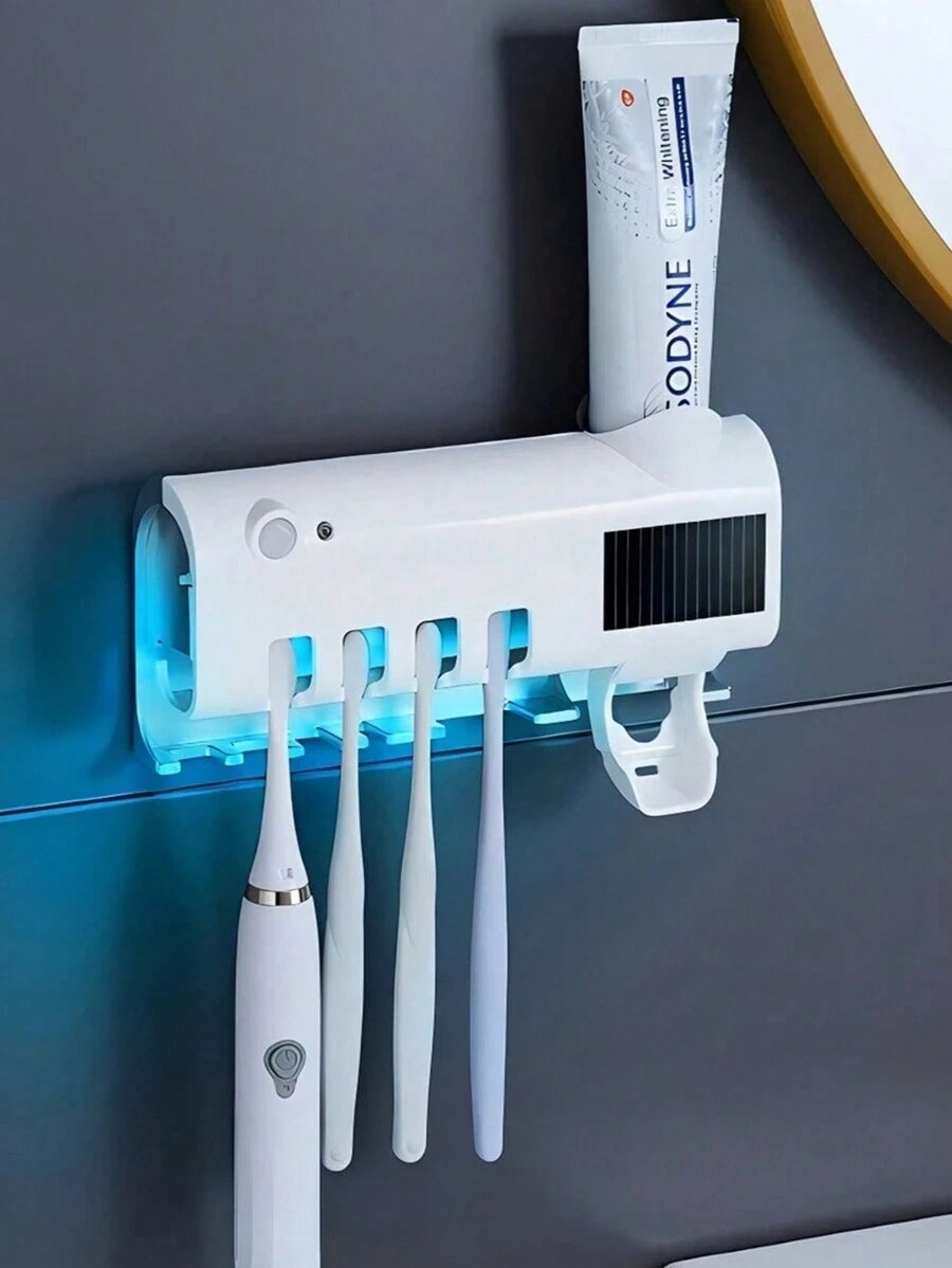 1 pezzo Sterilizzatore per spazzolino da denti intelligente bianco, supporto per spazzolino da denti montato a parete senza foratura, spremitore automatico di dentifricio multifunzione ricaricabile USB,