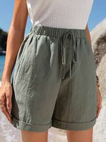 EMERY ROSE Pantaloncini casual estivi in cotone da donna con vita elastica, orlo arricciato, tasche oblique, colore verde