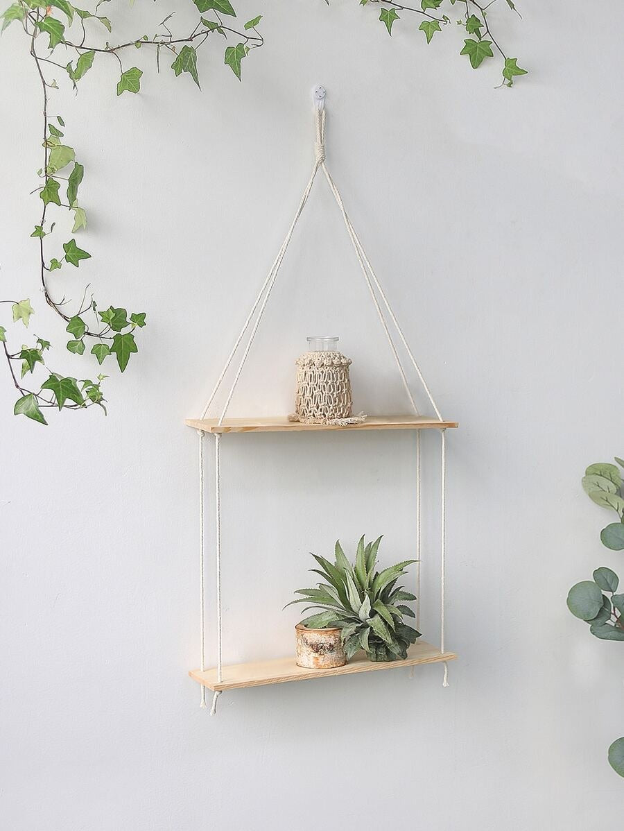 Mensola da parete in macramè - Scaffale da parete in legno stile boho a 2 ripiani, mensola galleggiante di stile rustico per piante, per camera da letto, soggiorno, cameretta, decorazione per la casa e la stanza