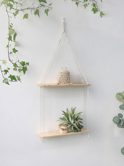 Mensola da parete in macramè - Scaffale da parete in legno stile boho a 2 ripiani, mensola galleggiante di stile rustico per piante, per camera da letto, soggiorno, cameretta, decorazione per la casa e la stanza