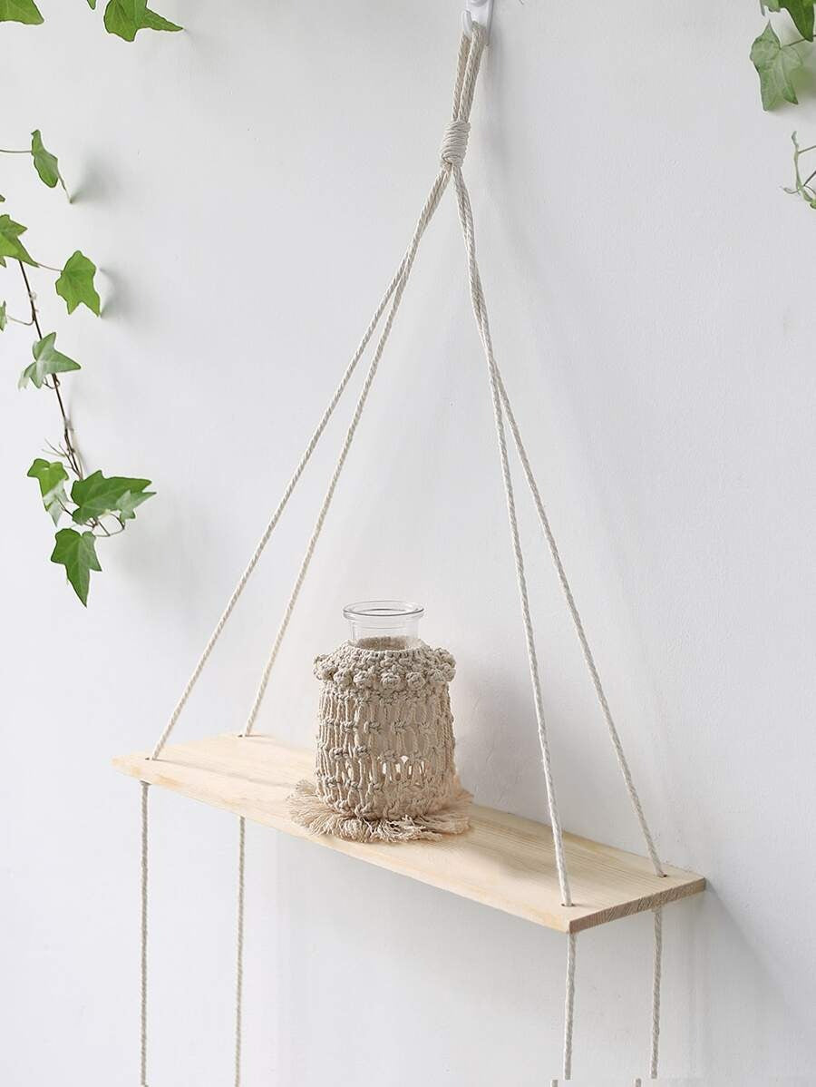 Mensola da parete in macramè - Scaffale da parete in legno stile boho a 2 ripiani, mensola galleggiante di stile rustico per piante, per camera da letto, soggiorno, cameretta, decorazione per la casa e la stanza