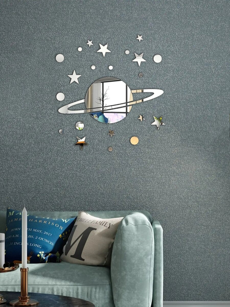 1 set 25 pezzi Adesivi da parete a finitura specchio con design di pianeti e stelle, colore dorato, adesivi