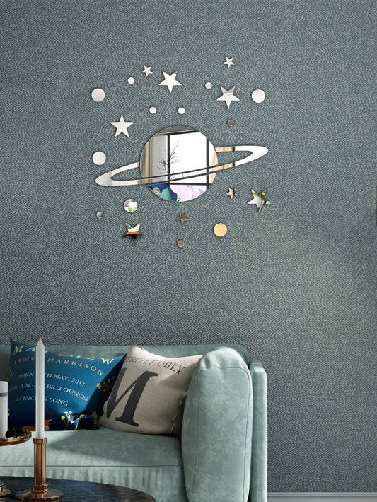 1 set 25 pezzi Adesivi da parete a finitura specchio con design di pianeti e stelle, colore dorato, adesivi