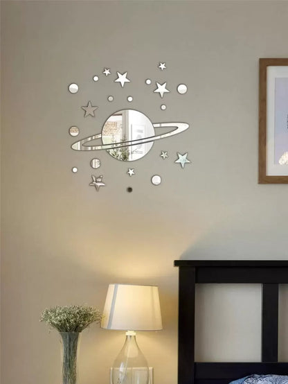 1 set 25 pezzi Adesivi da parete a finitura specchio con design di pianeti e stelle, colore dorato, adesivi