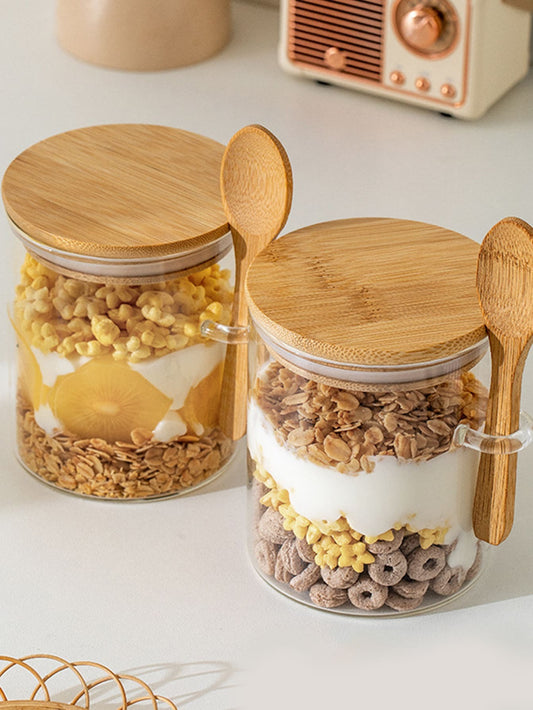 Barattoli in vetro ermetici rotondi, barattoli per condimenti con coperchi in bambù e cucchiaini, contenitori per alimenti per zucchero, caffè, noci, barattoli in vetro per la cucina per farina, biscotti, caramelle, tè matcha, noci e spezie