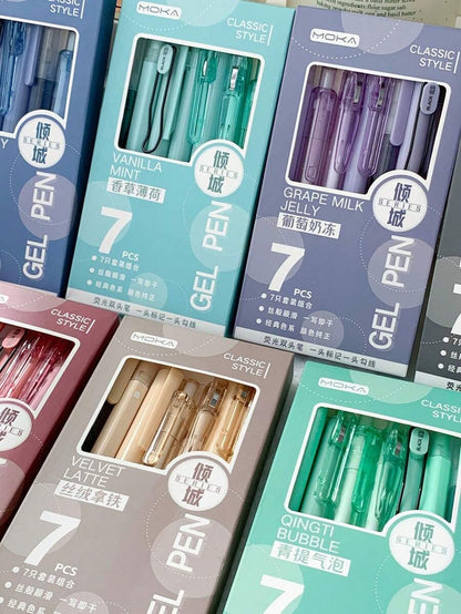 Set Di 7 Penne A Pulsante Con Alta Qualità Cromatica E Inchiostro A Rapida Essiccazione Per Esercizi Giapponesi In Una Scatola