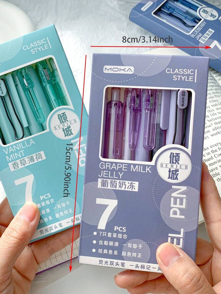 Set Di 7 Penne A Pulsante Con Alta Qualità Cromatica E Inchiostro A Rapida Essiccazione Per Esercizi Giapponesi In Una Scatola