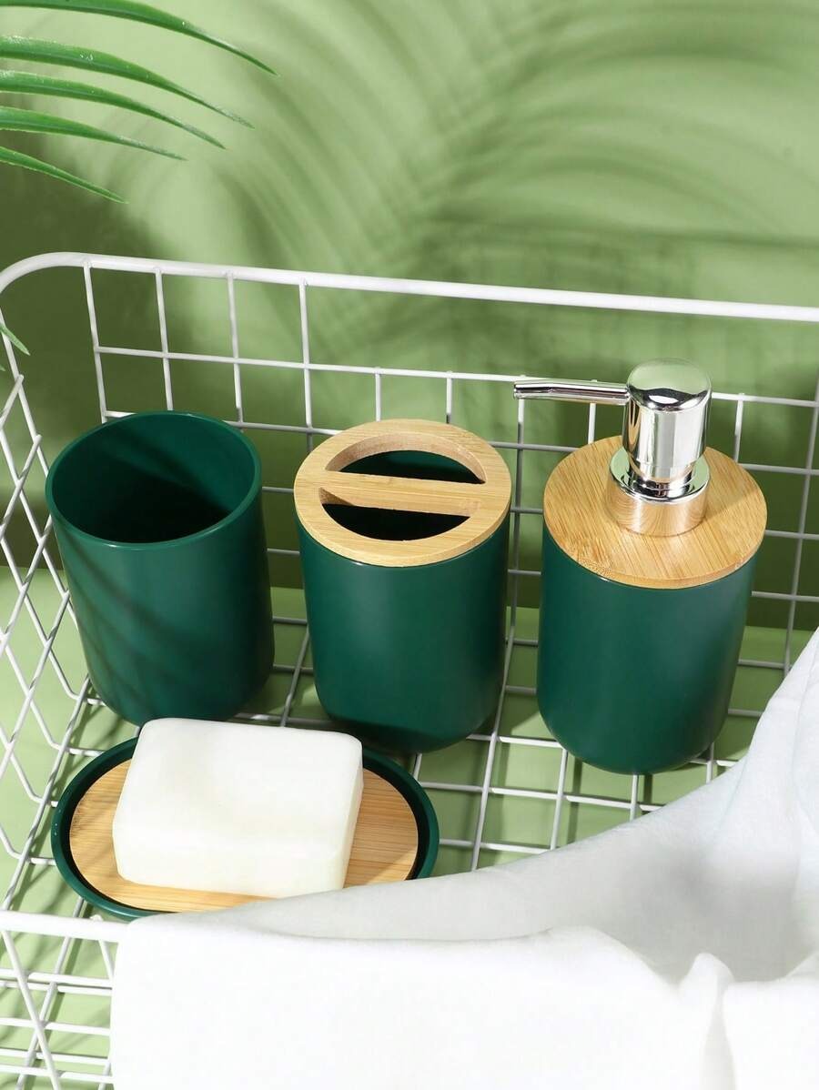 accessori da bagno verdi semplici con coperchio in bambù, portaspazzolino e organizer, decorazione per la casa e il bagno, decorazione autunnale