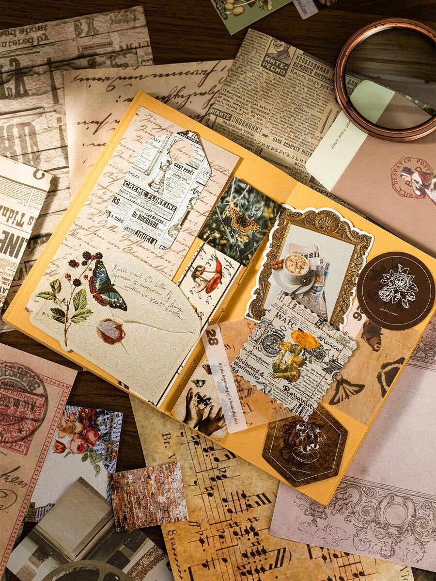 Kit di materiali per la decorazione fai-da-te, inclusi vari fogli di sfondo, cartoncini e adesivi retrò, per il ritorno a scuola, materiale scolastico