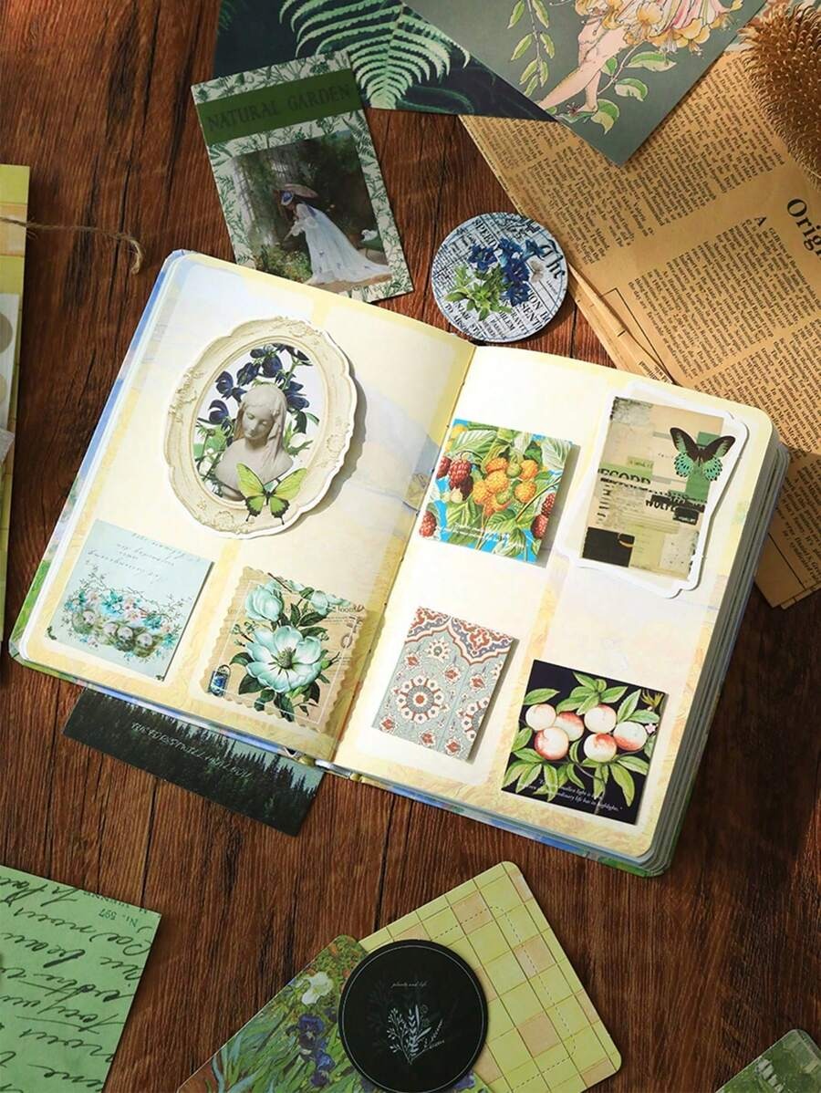 Kit di materiali per la decorazione fai-da-te, inclusi vari fogli di sfondo, cartoncini e adesivi retrò, per il ritorno a scuola, materiale scolastico