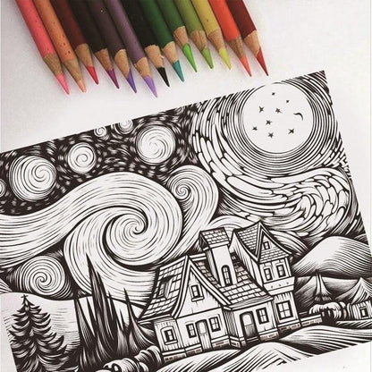 Libro da colorare per adulti con 32 pagine, stile Van Gogh con motivi della notte stellata, materiali per l'arte per alleviare lo stress, rilassante, riflessivo e decompressivo - regalo natalizio ideale per uomini, donne e adolescenti