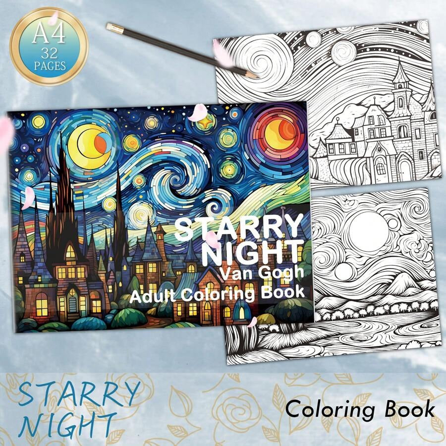 Libro da colorare per adulti con 32 pagine, stile Van Gogh con motivi della notte stellata, materiali per l'arte per alleviare lo stress, rilassante, riflessivo e decompressivo - regalo natalizio ideale per uomini, donne e adolescenti