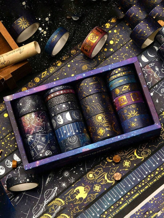 Nastro washi decorativo con cielo stellato bronzato e argentato, tema universo e pianeti, per DIY, decorazioni, diari, scrapbooking