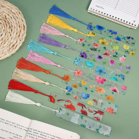 Pezzi Segnalibri in resina con fiori trasparenti, segnalibri floreali per donne, segnalibri carini con fiori e nappe, regali di Natale e riempitivi per calze per donne