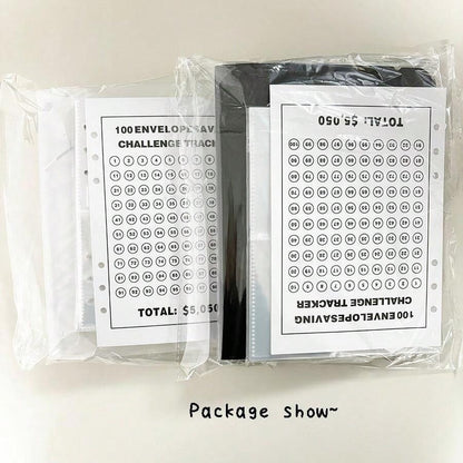 Set di materiale scolastico per il rientro a scuola: un taccuino con 100 tasche numeriche per la sfida di risparmio in busta, un binder A5 con 100 tasche a numero, un taccuino con copertina in PP per la gestione del budget
