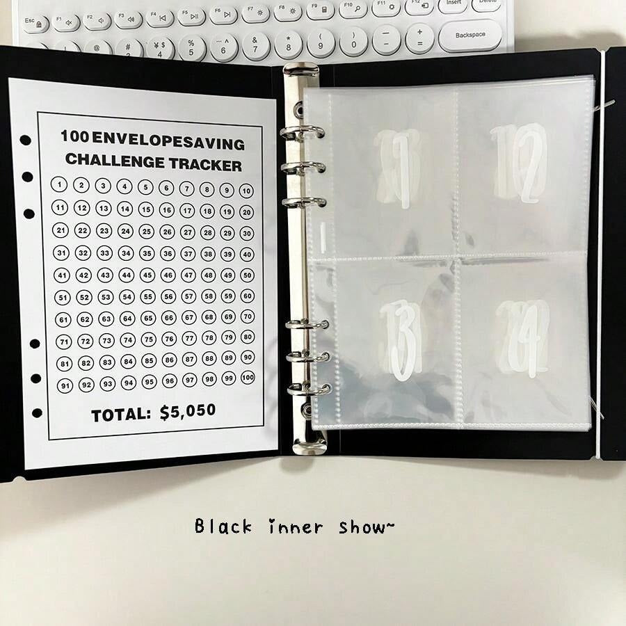 Set di materiale scolastico per il rientro a scuola: un taccuino con 100 tasche numeriche per la sfida di risparmio in busta, un binder A5 con 100 tasche a numero, un taccuino con copertina in PP per la gestione del budget