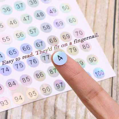 500 pezzi/5 fogli numerazione da 1 a 500 o 1 pezzo/foglio numerazione da 1 a 100, adesivi numerati per bottiglie di smalto, etichette circolari olografiche impermeabili con codice per album