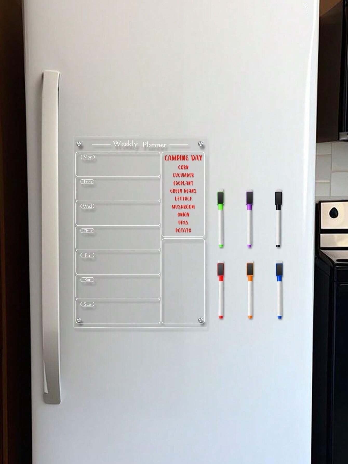 Set di lavagna magnetica cancellabile per frigo con planner, 6 pennarelli per lavagna, planner settimanale 3D in acrilico magnetico, adesivo per frigorifero