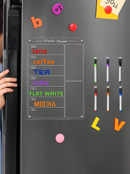 Set di lavagna magnetica cancellabile per frigo con planner, 6 pennarelli per lavagna, planner settimanale 3D in acrilico magnetico, adesivo per frigorifero
