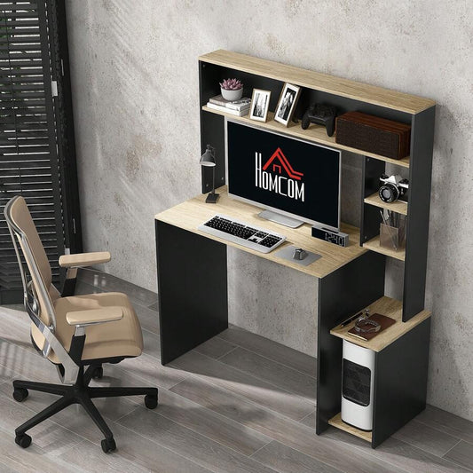 Scrivania per Ufficio e Studio con 3 Ripiani, Scrivania in Legno con Supporto per CPU, 114x45x138cm, Grigio e Legno Naturale