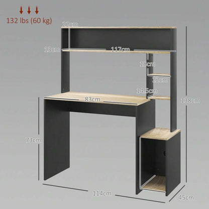 Scrivania per Ufficio e Studio con 3 Ripiani, Scrivania in Legno con Supporto per CPU, 114x45x138cm, Grigio e Legno Naturale
