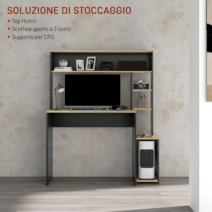 Scrivania per Ufficio e Studio con 3 Ripiani, Scrivania in Legno con Supporto per CPU, 114x45x138cm, Grigio e Legno Naturale