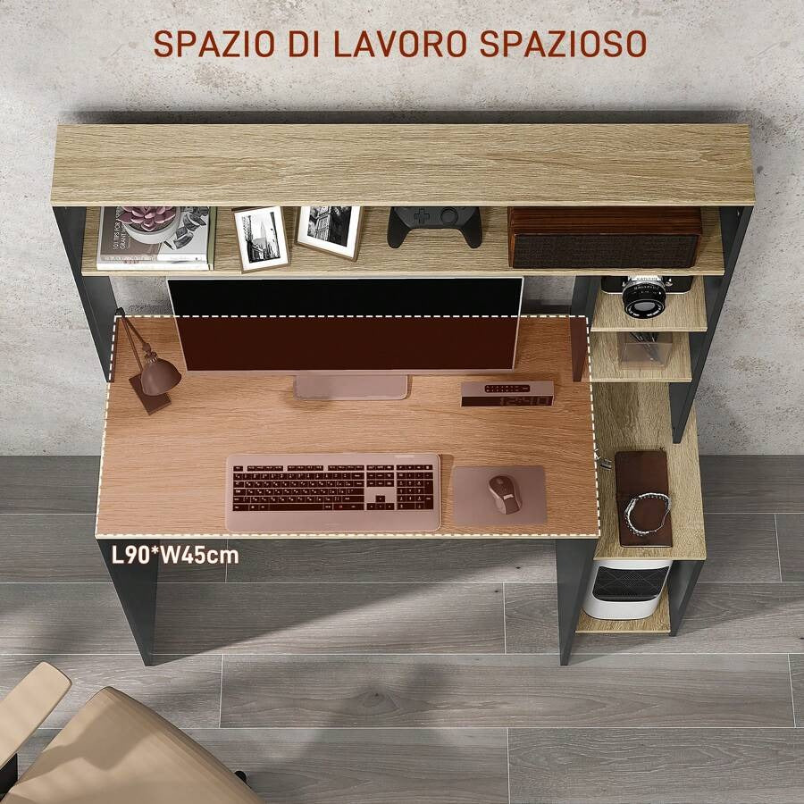 Scrivania per Ufficio e Studio con 3 Ripiani, Scrivania in Legno con Supporto per CPU, 114x45x138cm, Grigio e Legno Naturale