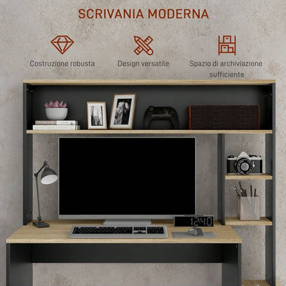 Scrivania per Ufficio e Studio con 3 Ripiani, Scrivania in Legno con Supporto per CPU, 114x45x138cm, Grigio e Legno Naturale