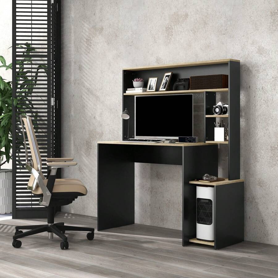 Scrivania per Ufficio e Studio con 3 Ripiani, Scrivania in Legno con Supporto per CPU, 114x45x138cm, Grigio e Legno Naturale