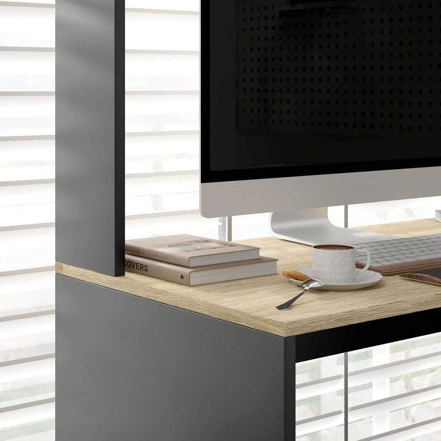 Scrivania per Ufficio e Studio con 3 Ripiani, Scrivania in Legno con Supporto per CPU, 114x45x138cm, Grigio e Legno Naturale