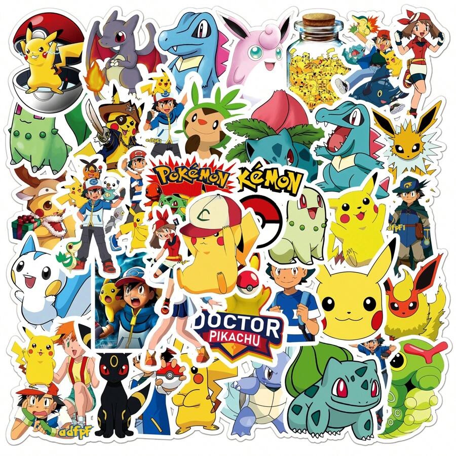 Pokemon 50 pezzi Adesivi carini a cartone animato per bambini, adesivi kawaii per bottiglie d'acqua per bambini in 50 stili, impermeabili, pacchetto di adesivi per notebook in vinile per bambini