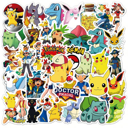 Pokemon 50 pezzi Adesivi carini a cartone animato per bambini, adesivi kawaii per bottiglie d'acqua per bambini in 50 stili, impermeabili, pacchetto di adesivi per notebook in vinile per bambini