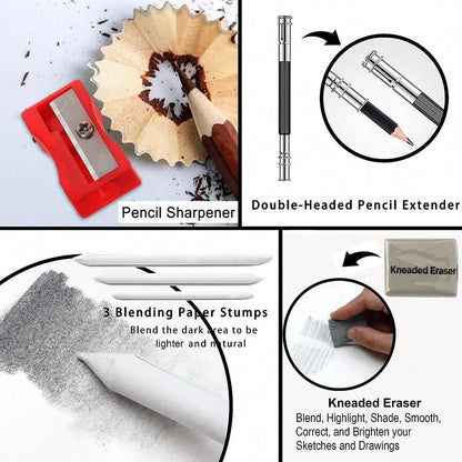 Set di matite per disegno di schizzi, set di forniture d'arte di matite di grafite per schizzi professionali, matite di carbone, stumps di fusione (29 forniture d'arte)