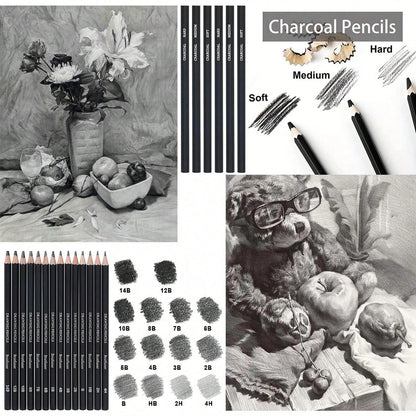 Set di matite per disegno di schizzi, set di forniture d'arte di matite di grafite per schizzi professionali, matite di carbone, stumps di fusione (29 forniture d'arte)