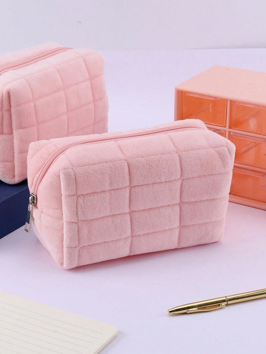 Astuccio portatile con cerniera e motivo a quadri, astuccio in peluche monocolore, scatola per cancelleria di grandi dimensioni per studenti, articoli per il ritorno a scuola, forniture scolastiche