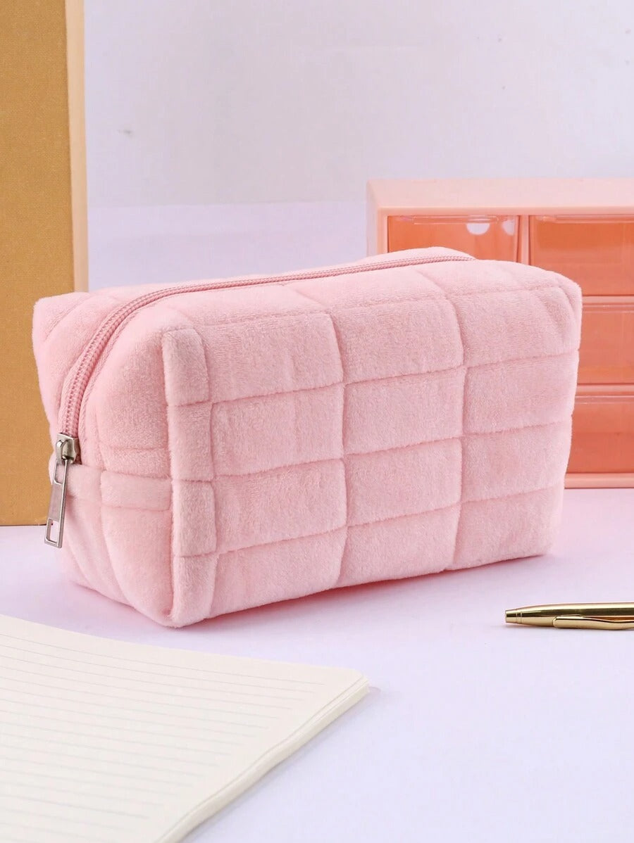 Astuccio portatile con cerniera e motivo a quadri, astuccio in peluche monocolore, scatola per cancelleria di grandi dimensioni per studenti, articoli per il ritorno a scuola, forniture scolastiche