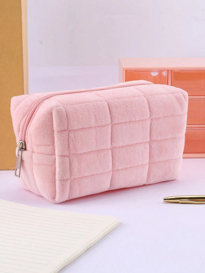 Astuccio portatile con cerniera e motivo a quadri, astuccio in peluche monocolore, scatola per cancelleria di grandi dimensioni per studenti, articoli per il ritorno a scuola, forniture scolastiche